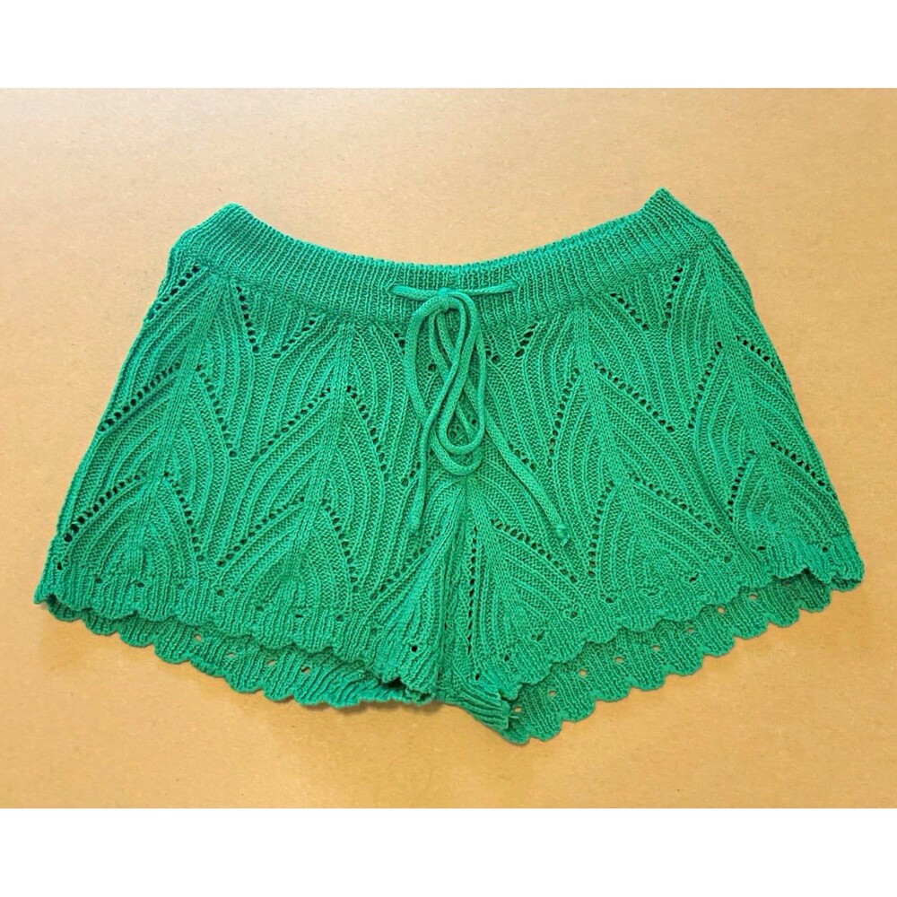 Women's Green Knit Athletic Shorts S Geometric Scalloped Drawstring Elastic